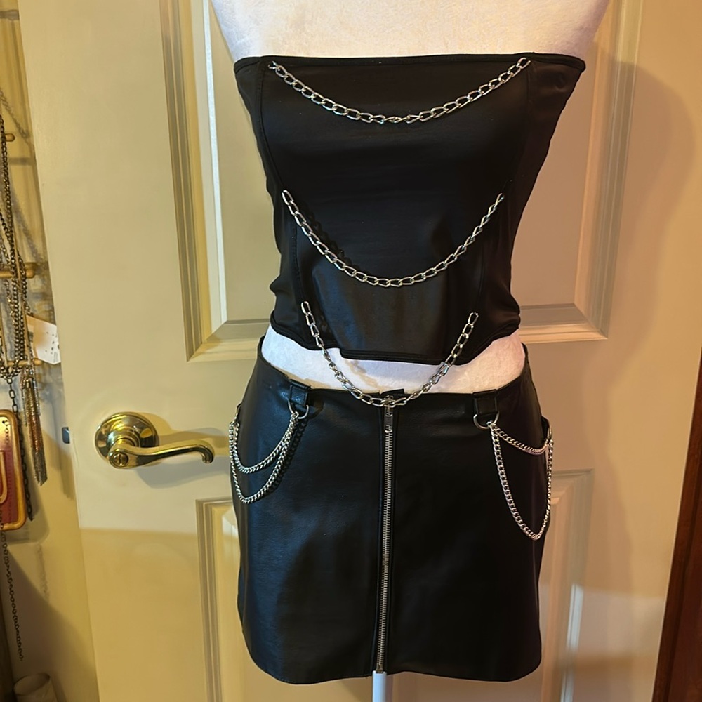Faux leather 2 piece strapless top and skirt skirt rides on your hip sexy outfit